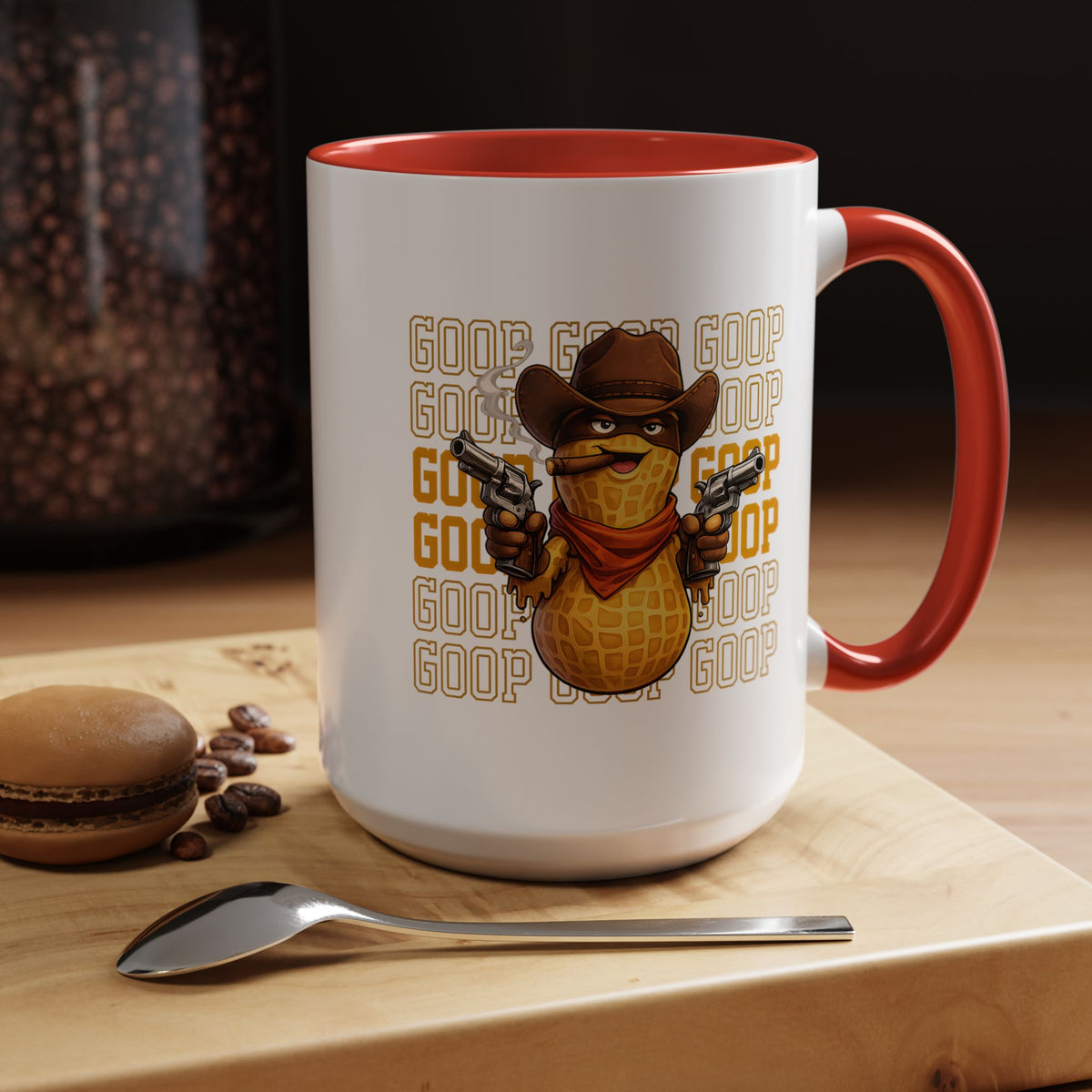 Good Repeating Slogan Cowboy Peanut Mug, Funny Western Office Joke Gift for Coworkers, Sarcastic Outlaw Ceramic Tea Cup with Dark Blue Handle