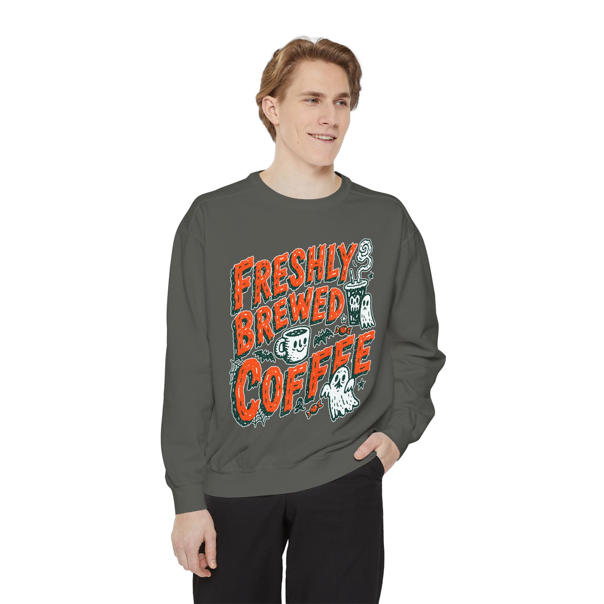 Coffee Lover Halloween Sweatshirt, Freshly Brewed Coffee Ghost Pullover, Cute Spooky Season Gift for Barista and Caffeine Fan, Gift for Her