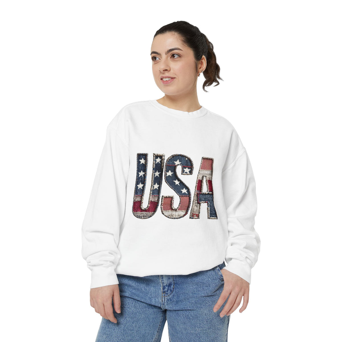 Patriotic USA Patchwork Comfort Sweatshirt, Vintage American Flag Crewneck, Americana Sweatshirt, Fourth of July Gift