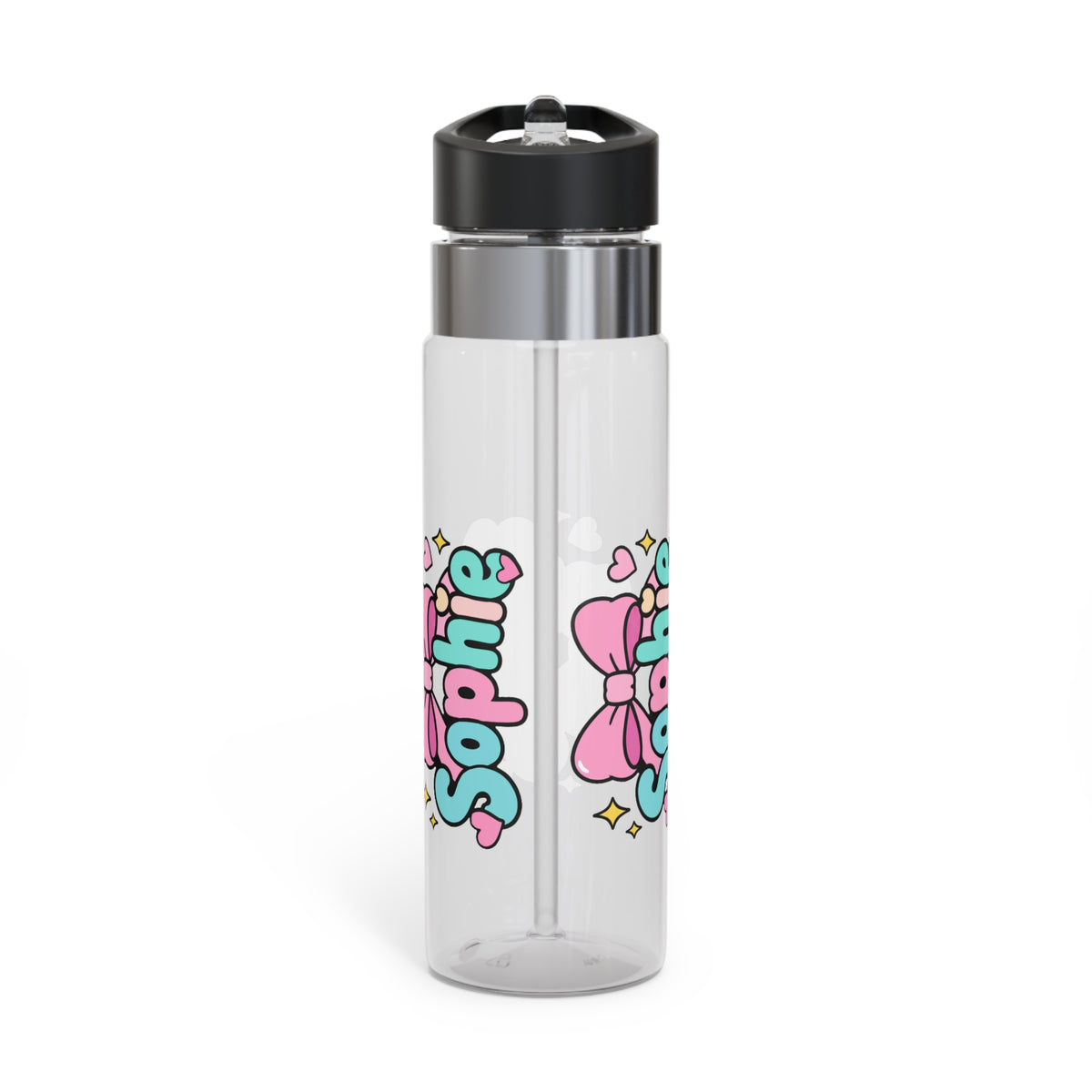 Personalized Pink Bow Water Bottle, Custom Name Drink Bottle for Girls, Cute Pastel School Bottle, Birthday Gift for Her