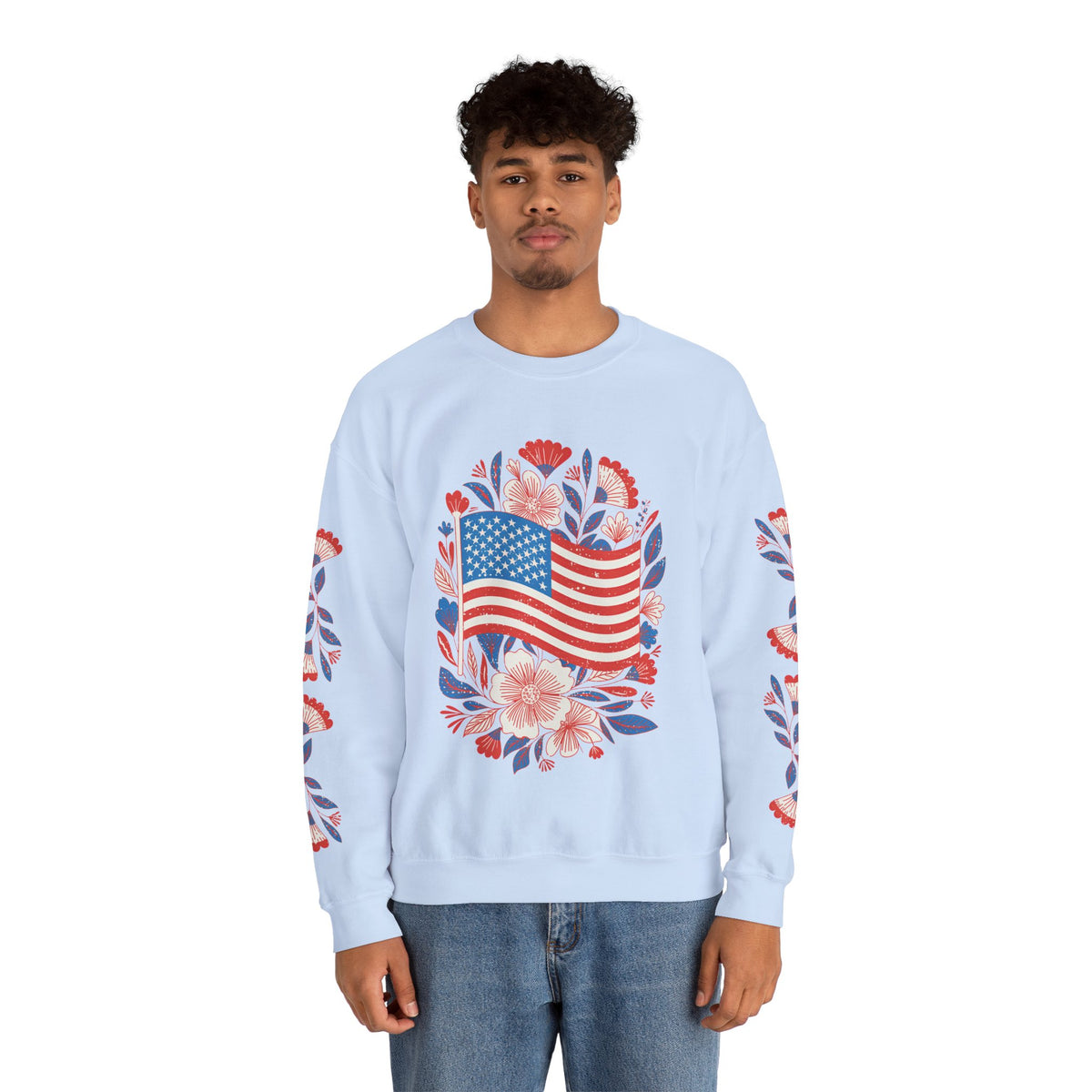 Floral American Flag Sweatshirt, Patriotic USA Pullover, Red White Blue Flower Top, Fourth of July Outfit, Americana Gift for Women