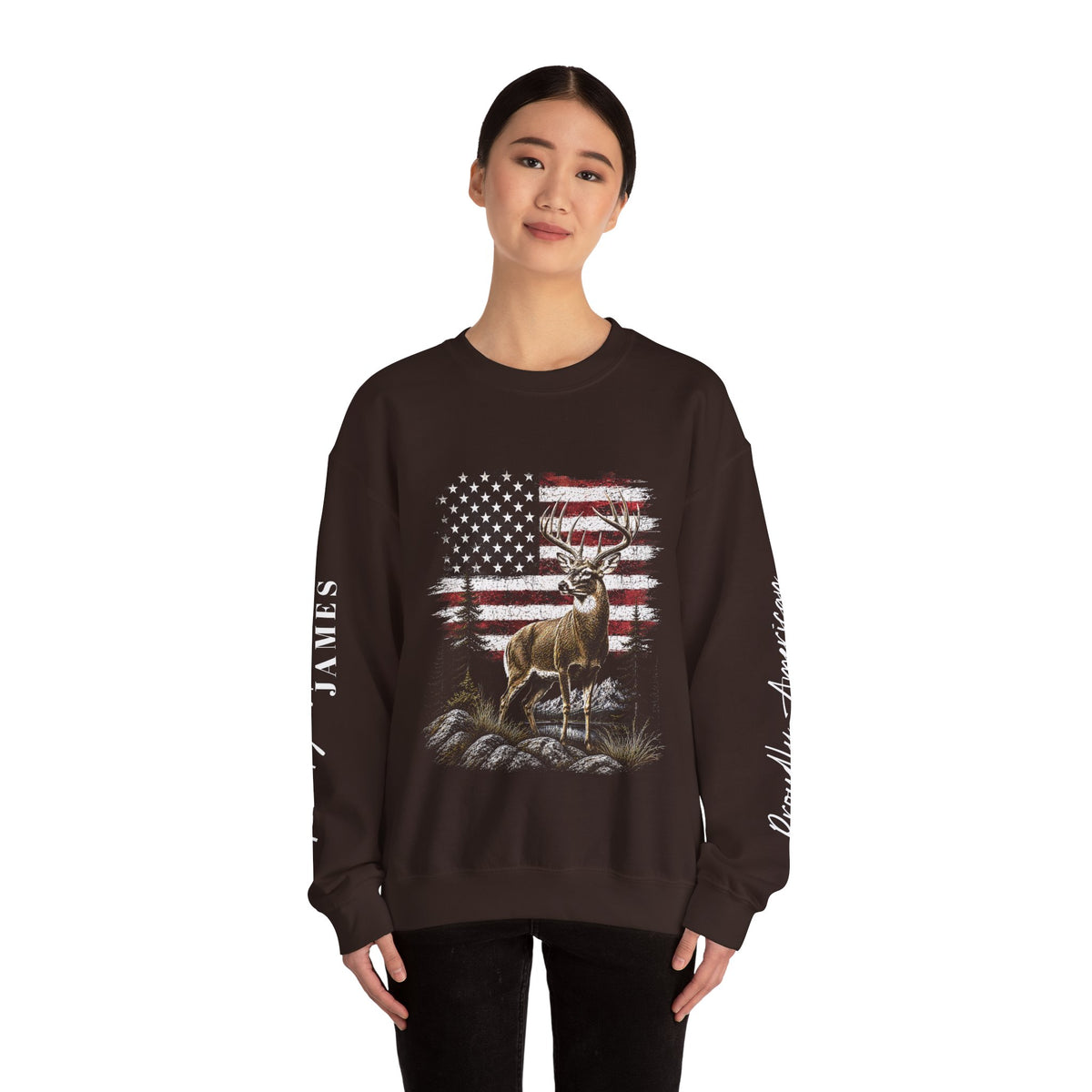 Personalized Hunting Sweatshirt, Custom Deer American Flag Pullover, Patriotic Outdoorsman Crewneck, Hunter Gift, Personalized Family Shirt