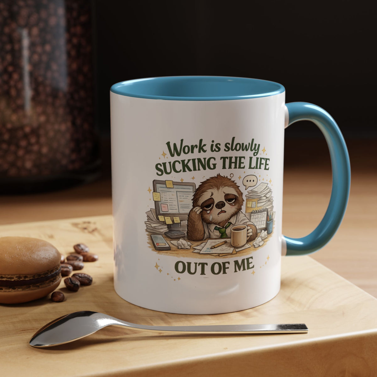 Work Is Slowly Sucking The Life Out Of Me Coffee Mug, Funny Sloth Office Joke Gift for Coworkers, Sarcastic Ceramic Tea Cup with Black Handle