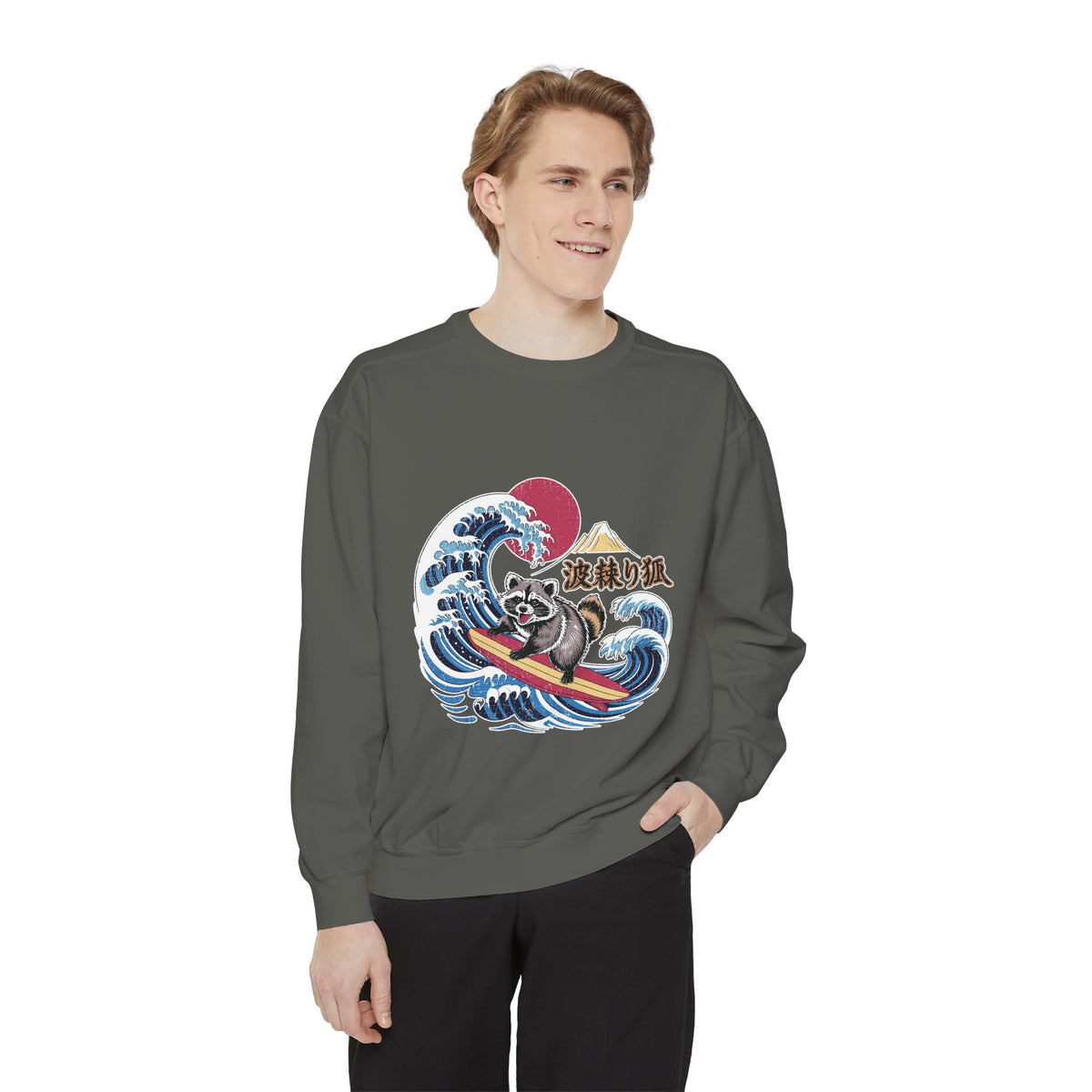 Japanese Surfing Raccoon Sweatshirt, Retro Wave Graphic Crewneck, Funny Animal Surfer Gift, Japan Inspired Beachwear Cozy Pullover