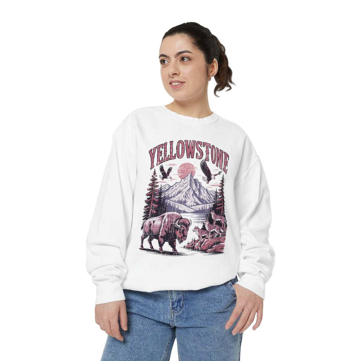 Yellowstone Wildlife Sweatshirt, Bison Wolf Eagle Mountain Crewneck, National Park Lover Gift, Western Nature Graphic Cozy Pullover