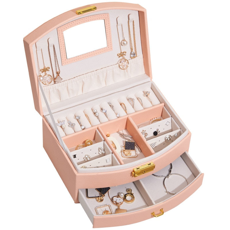 New Wear-resista Leather Jewelry Box Travel Jewelry Organizer Multifunction Necklace Earring Storage Box with Mirror Gifts