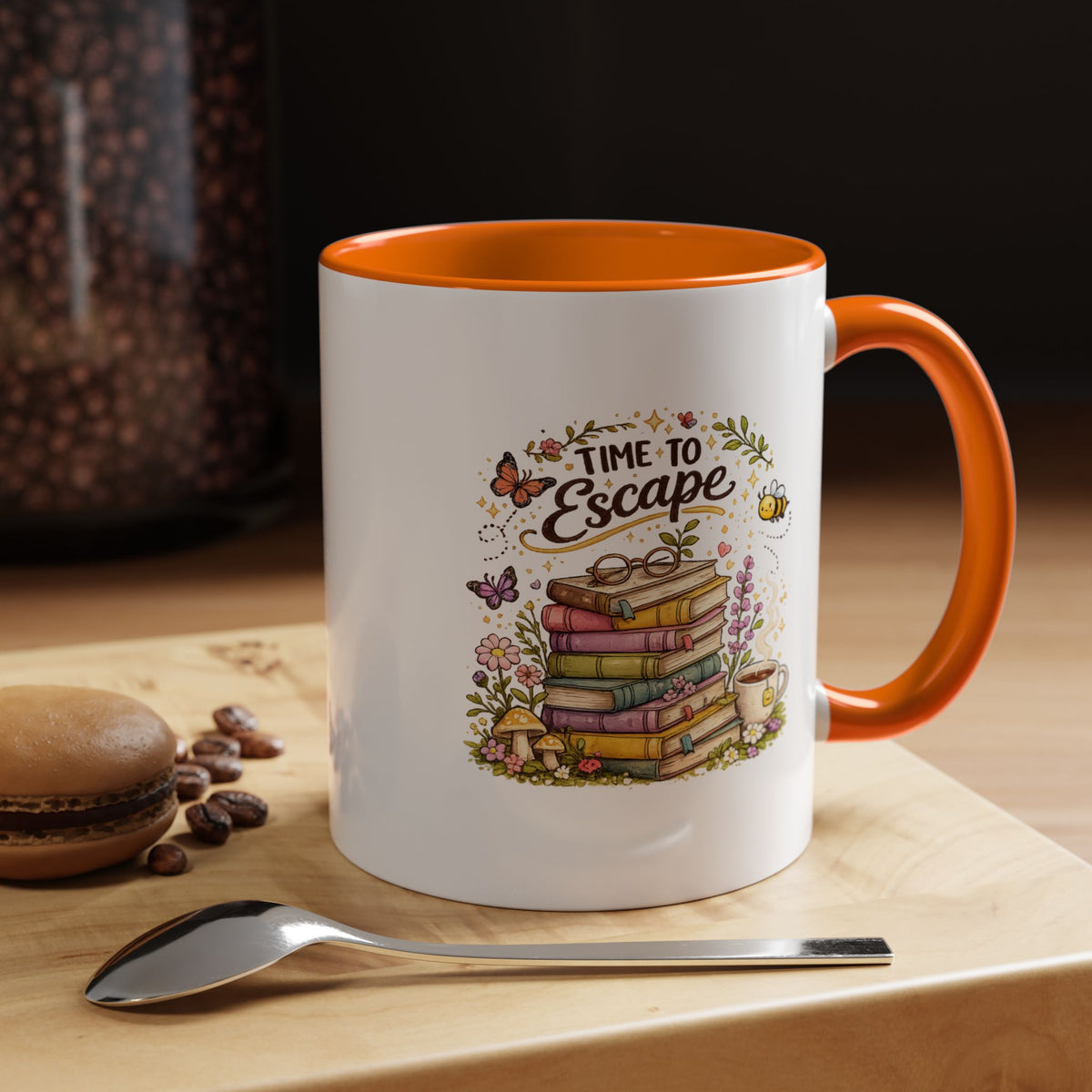 Book Lover Coffee Mug, Time to Escape Black Accent Cup with Books and Tea, Unique Cozy Gift for Reader, Librarian, Teacher or Bookworm