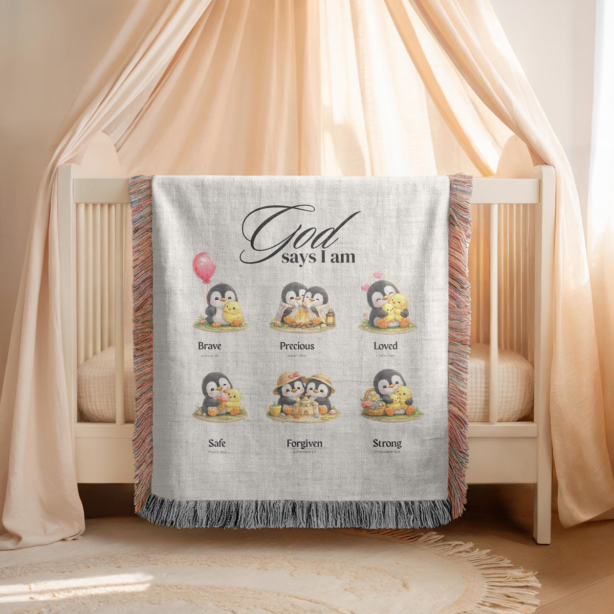 Penguin Bible Verse Kids Woven Blanket Christian Nursery Blanket Faith Baby Blanket Baptism Gift Baby Shower Gift Nursery Decor