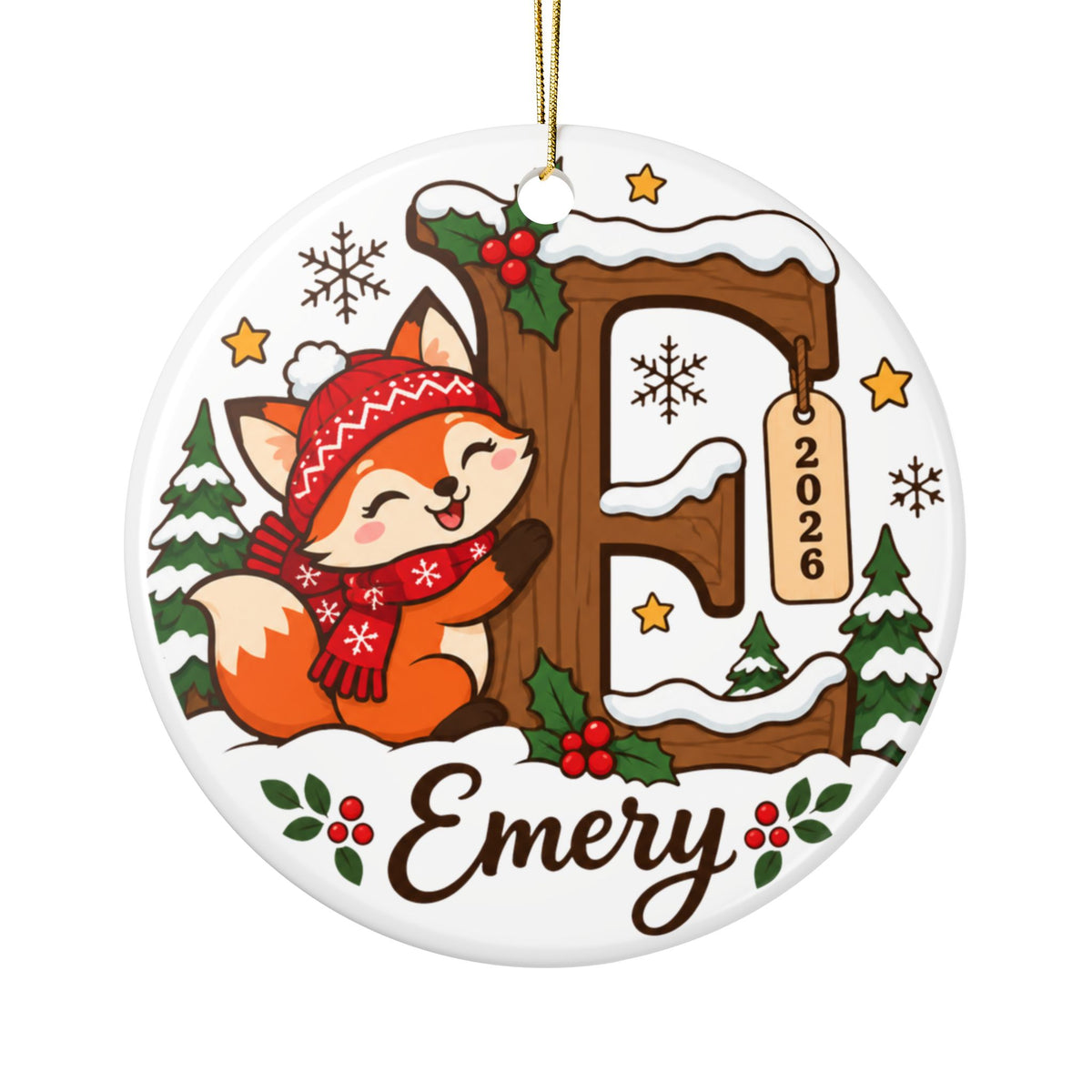 Personalized Fox Initial Christmas Ornament, Woodland Animal Design with Child's Name and Year, Holiday Keepsake Gift for Boys and Girls