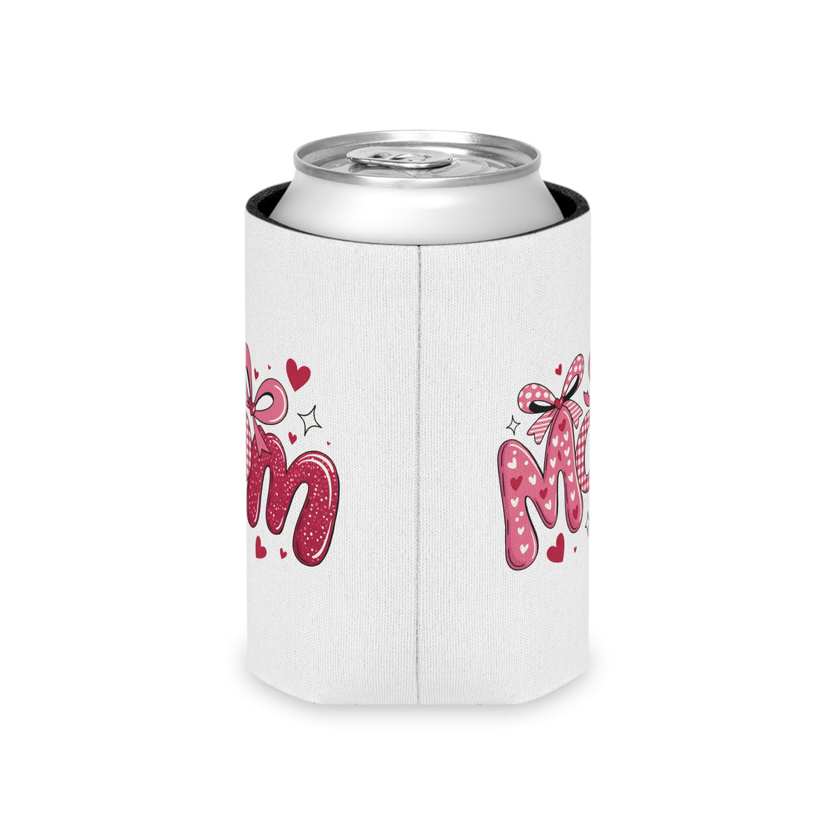 Mom Can Cooler, Mother's Day Drink Holder, Pink Bow Beverage Sleeve, Mom Gift for Her, Cute Beer Can Cozy, Floral Heart Drinkware