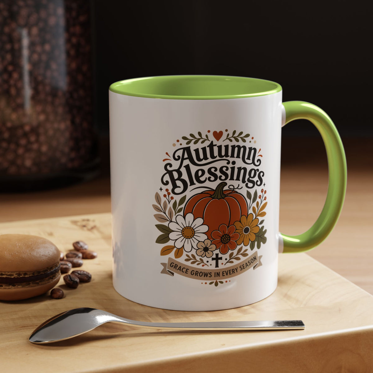 Autumn Blessings Christian Mug, Grace Grows in Every Season Coffee Cup, Faith Based Fall Gift, Floral Pumpkin Thanksgiving Decor