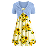 Ladies Short Sleeve Cross Print Dress Suit Sunflower Dress