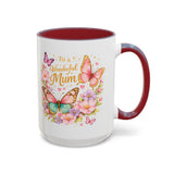 To a Wonderful Mum Coffee Mug, Cute Butterfly Birthday Gift for Mother, Floral Pastel Watercolor Ceramic Tea Cup with Pink Handle, Mum Gift