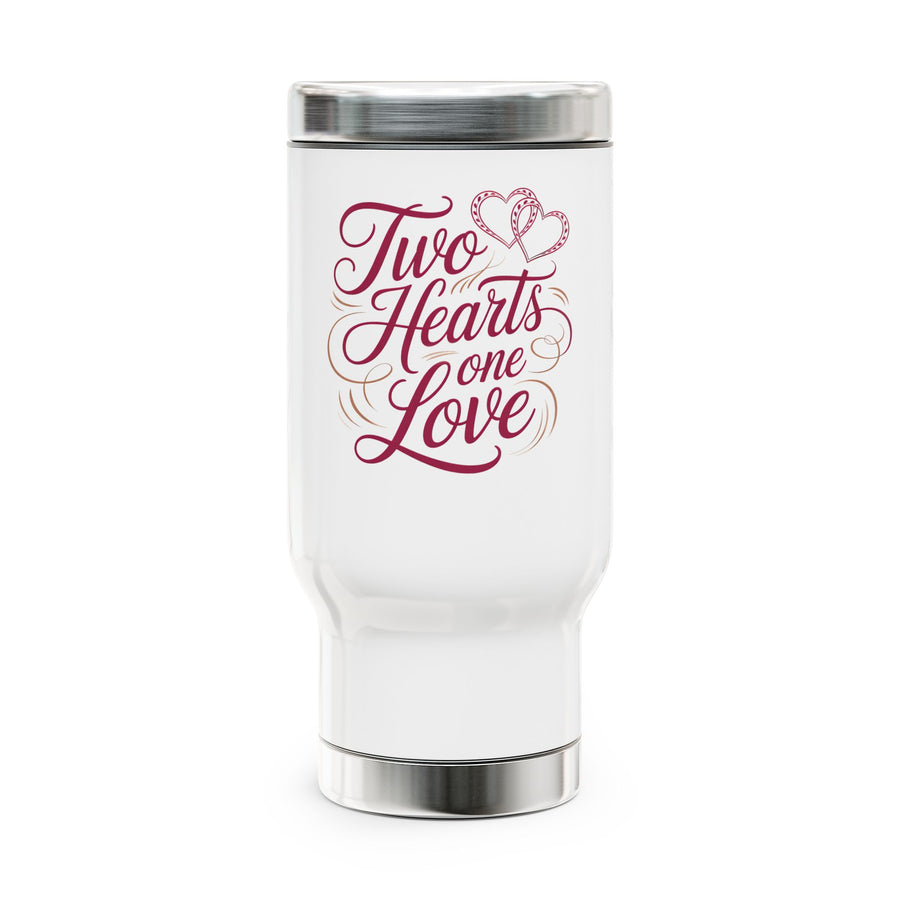 White stainless steel travel mug printed with two interlocking hearts above 'Two Hearts One Love' script text.