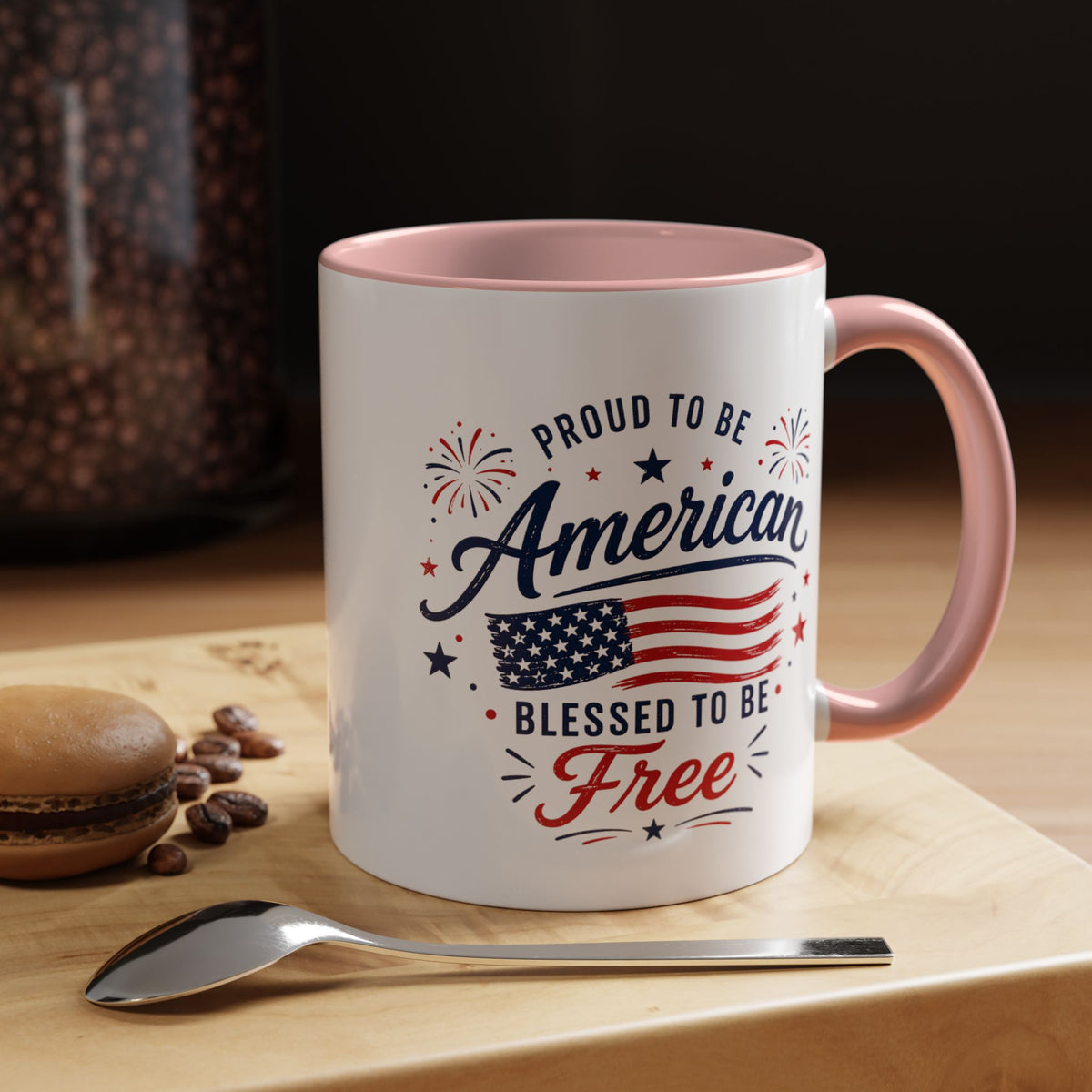 Proud to Be American Coffee Mug with US Flag, Patriotic 4th of July Gift for Veterans, Blessed to Be Free Red White and Blue Tea Cup