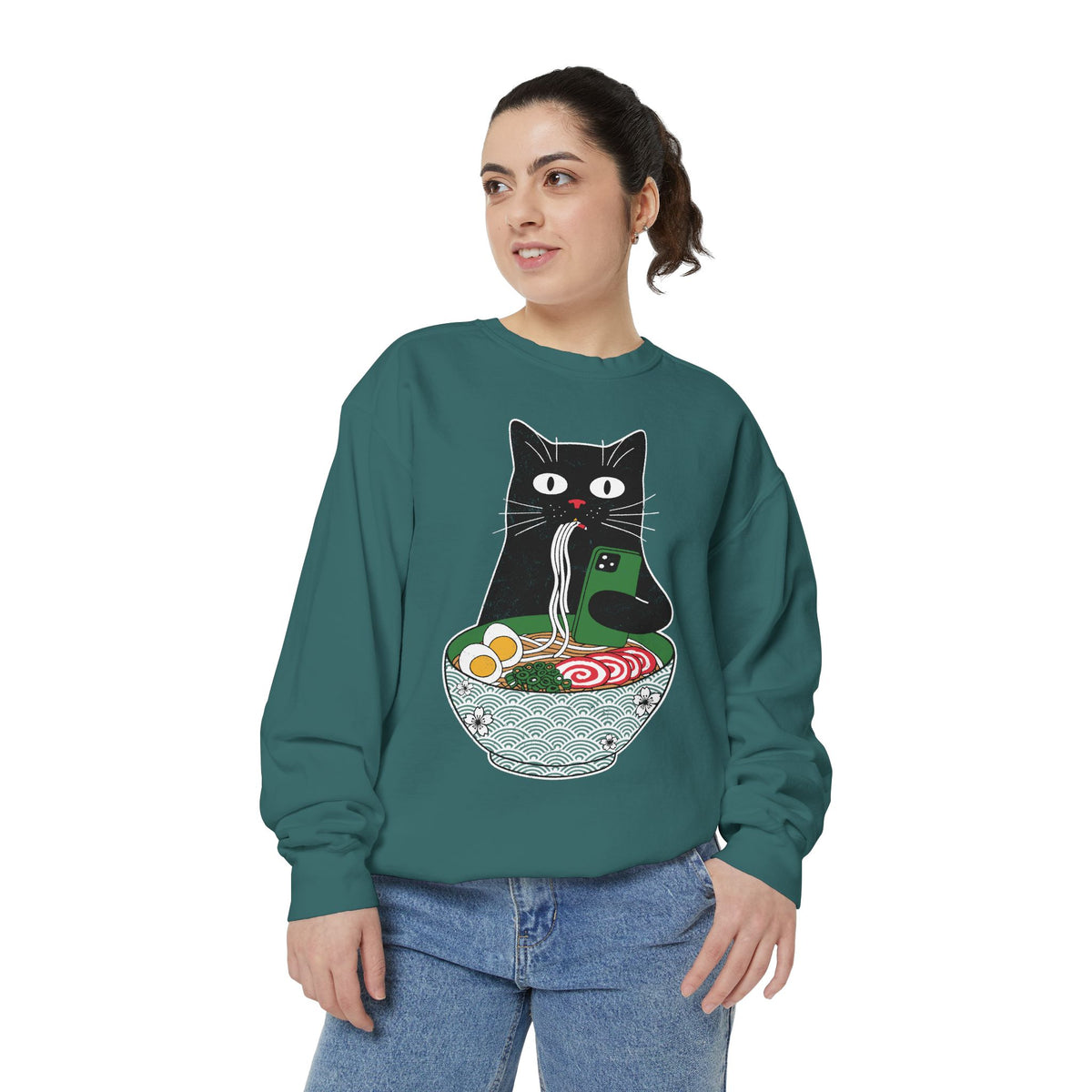 Ramen Cat Comfort Colors Sweatshirt, Funny Cat Eating Noodles Shirt, Cat Lover Graphic Crewneck, Foodie Gift Idea