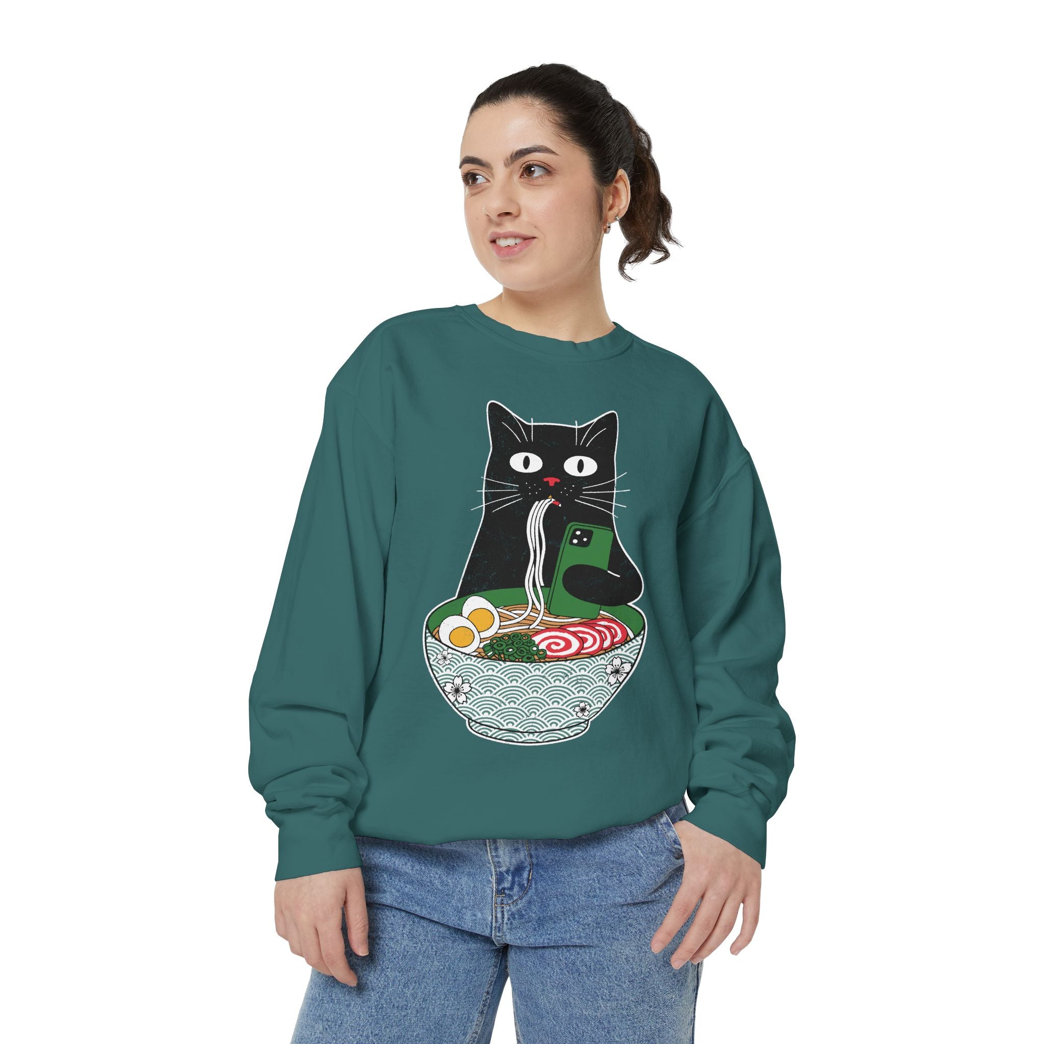 Ramen Cat Comfort Colors Sweatshirt, Funny Cat Eating Noodles Shirt, Cat Lover Graphic Crewneck, Foodie Gift Idea
