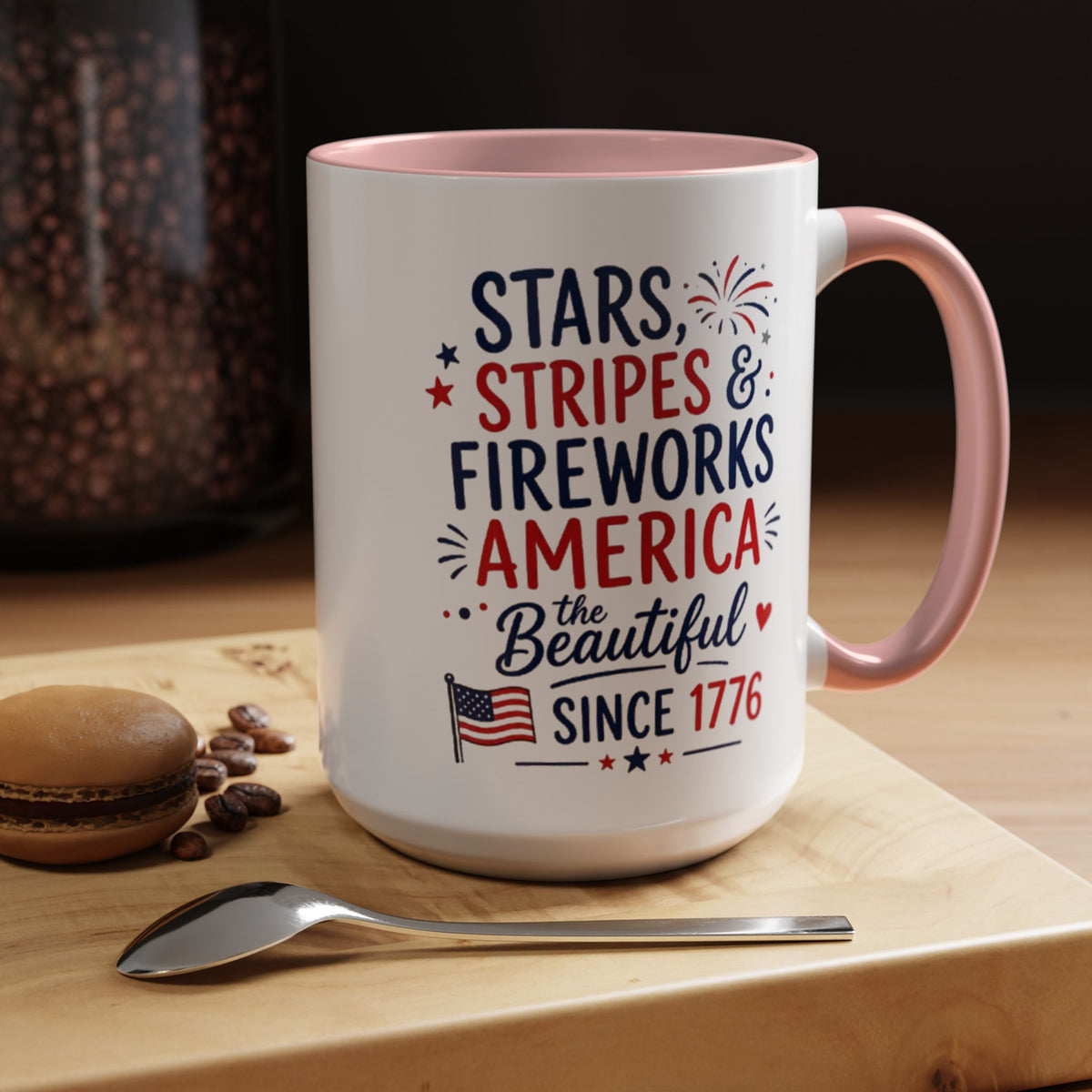 Stars and Stripes Coffee Mug, 4th of July Fireworks Gift for Hostess, America the Beautiful Since 1776 Patriotic Ceramic Tea Cup