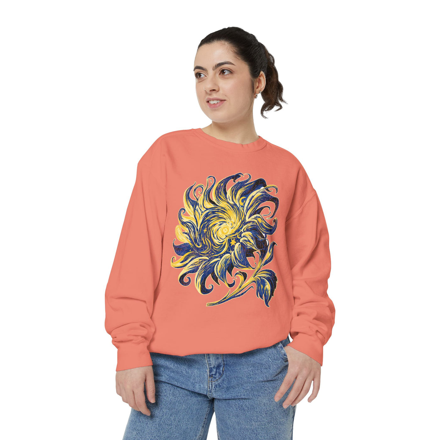 Celestial Sun Graphic Sweatshirt, Blue and Gold Cosmic Pullover, Mystical Night Sky Top, Astrology Gift for Stargazers and Dreamers