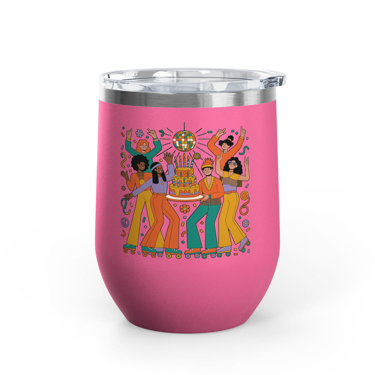 Retro Disco Birthday Wine Tumbler, 70s Roller Skating Party Design, Groovy Drinkware Gift for a Skater Friend Who Loves Vintage Aesthetics