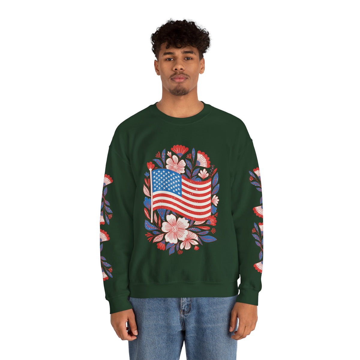 Floral American Flag Sweatshirt, Patriotic USA Pullover, Red White Blue Flower Top, Fourth of July Outfit, Americana Gift for Women