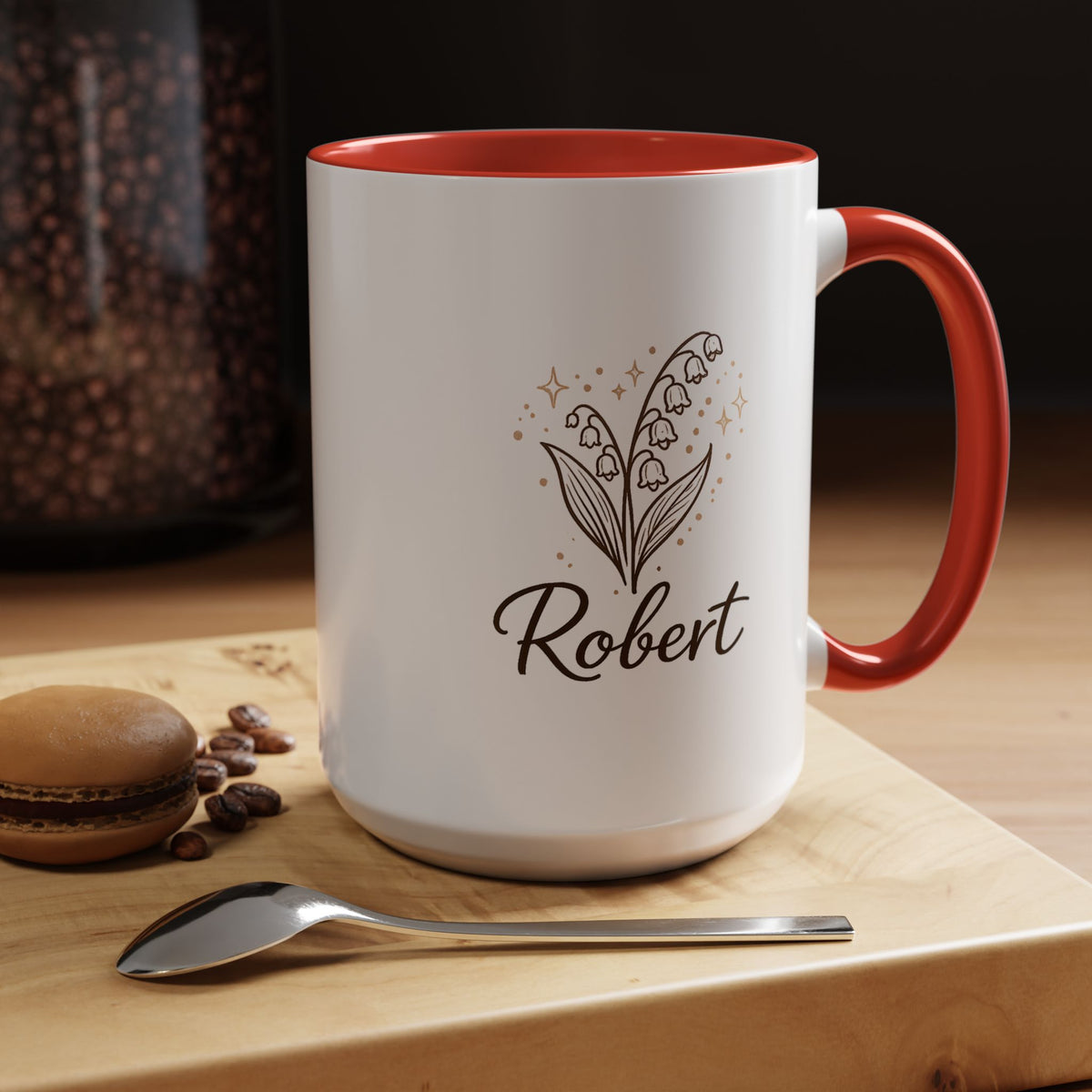 Personalized Name Mug, Lily of the Valley Black Accent Coffee Cup, Unique Custom Name Gift for Him, Dad, Grandpa, Birthday or Memorial