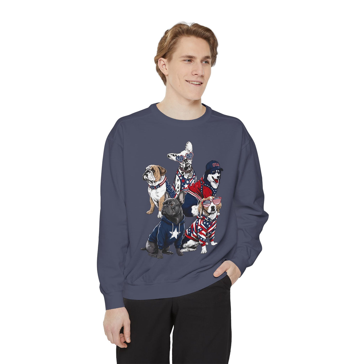 Patriotic Dog Lover Comfort Sweatshirt, USA Dogs Crewneck Sweatshirt, Fourth of July Pet Lover Gift, American Flag Puppy Sweatshirt