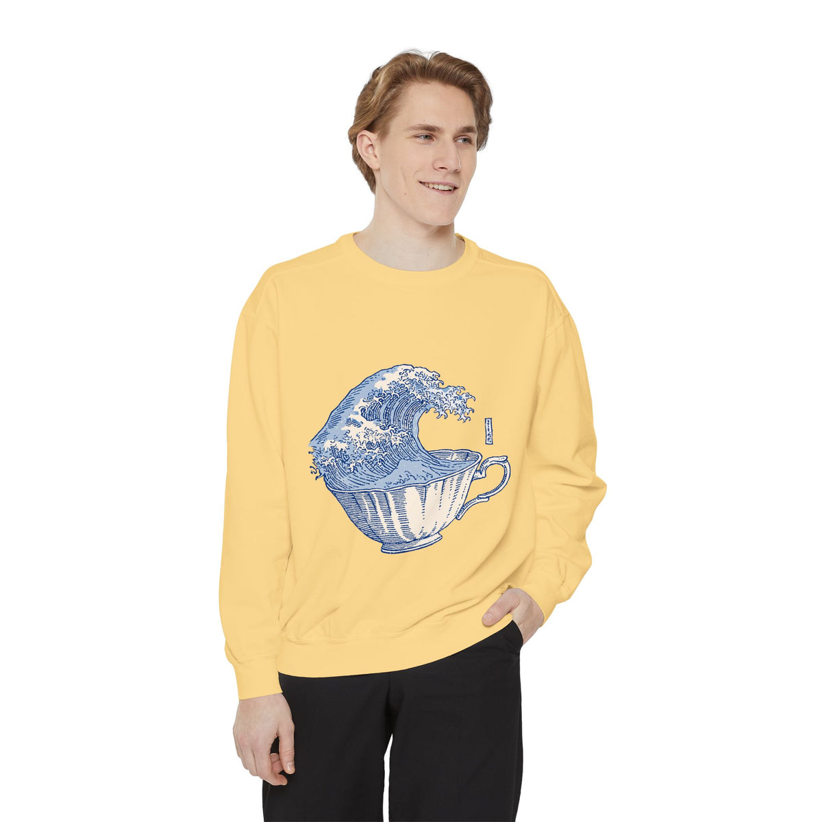Great Wave Teacup Sweatshirt, Japanese Art Inspired Ocean Graphic, Gift for Tea Lovers and Coastal Art Fans, Casual Cafe Weekend Outfit