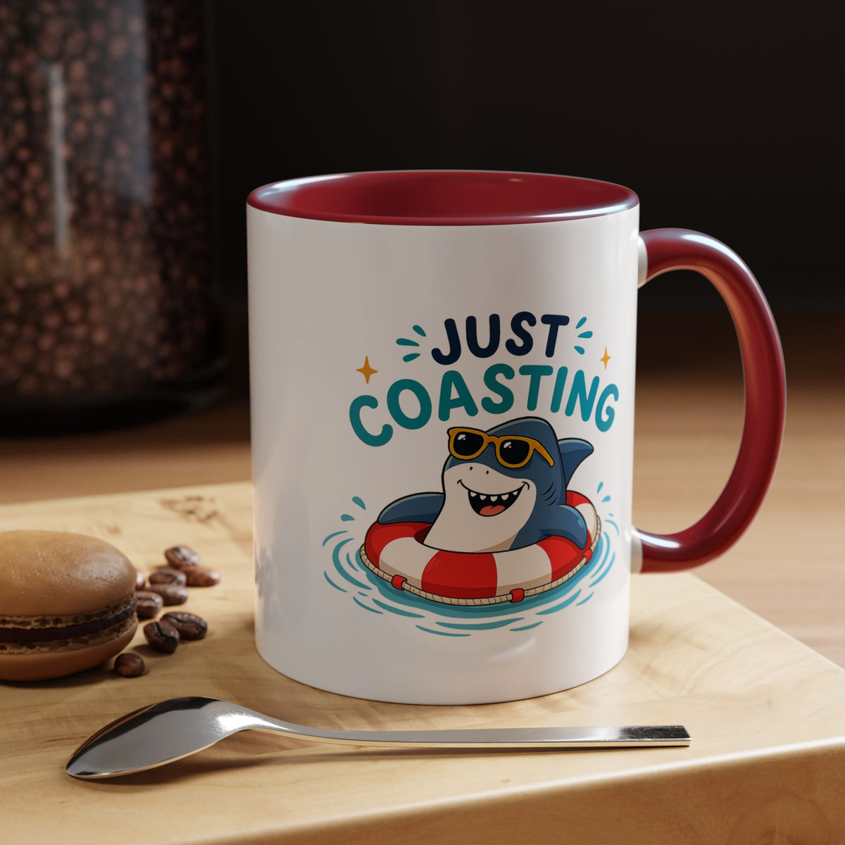 Funny Shark Coffee Mug, Just Coasting Shark Mug, Cute Beach Lover Coffee Cup, Relaxing Summer Vacation Gift for Shark Fans
