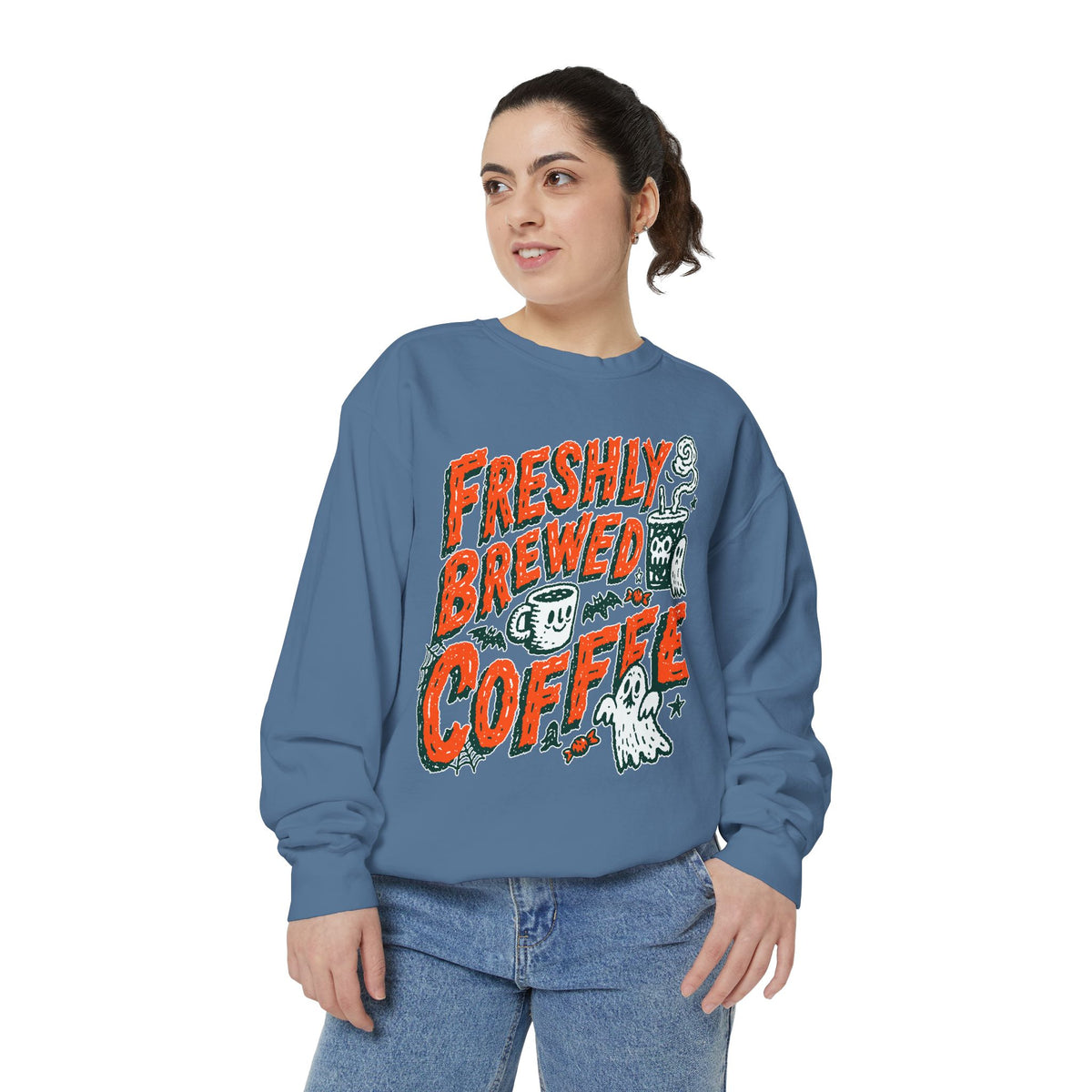 Coffee Lover Halloween Sweatshirt, Freshly Brewed Coffee Ghost Pullover, Cute Spooky Season Gift for Barista and Caffeine Fan, Gift for Her