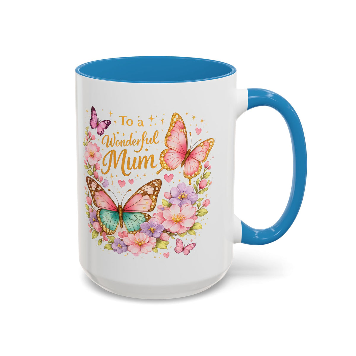 To a Wonderful Mum Coffee Mug, Cute Butterfly Birthday Gift for Mother, Floral Pastel Watercolor Ceramic Tea Cup with Pink Handle, Mum Gift