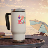 Happy Birthday Travel Mug with Handle, Pastel Balloons and Cupcake Design, Cheerful Coffee Lover Gift for a Friend or Coworker's Workday
