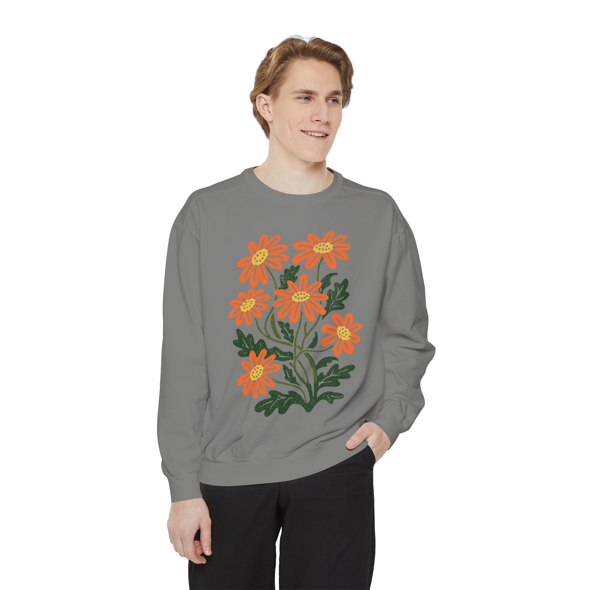 Orange Daisy Graphic Sweatshirt, Retro Floral Pullover for Flower Lovers, Groovy Botanical Top, Cheerful Garden Gift for Women