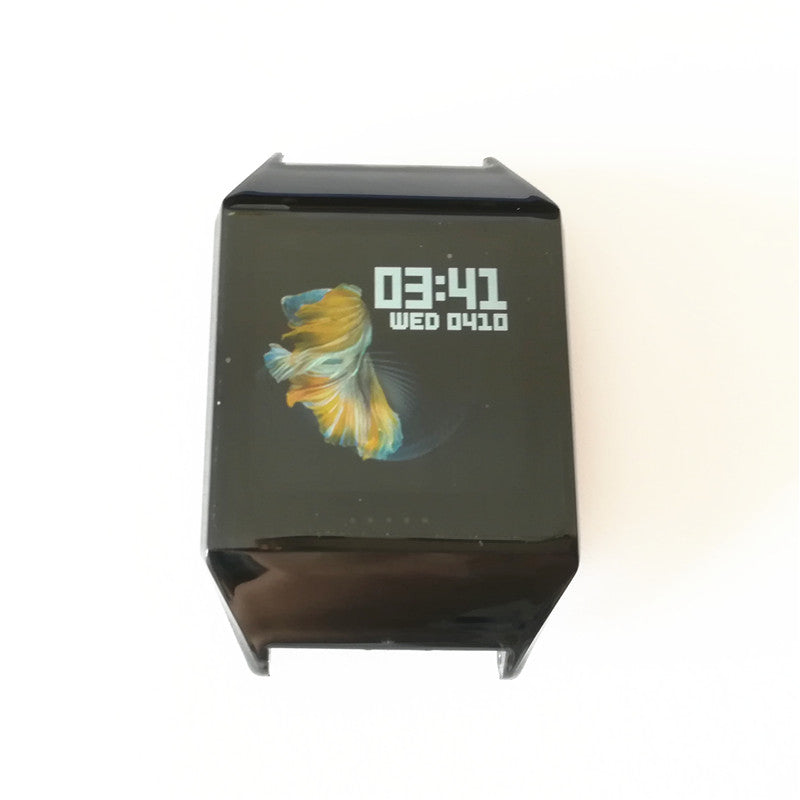 Black square-face smart watch with digital heart rate display, silicone strap