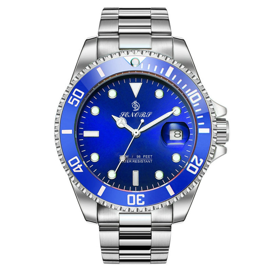 Black diver-style automatic watch with rotating bezel and stainless steel bracelet