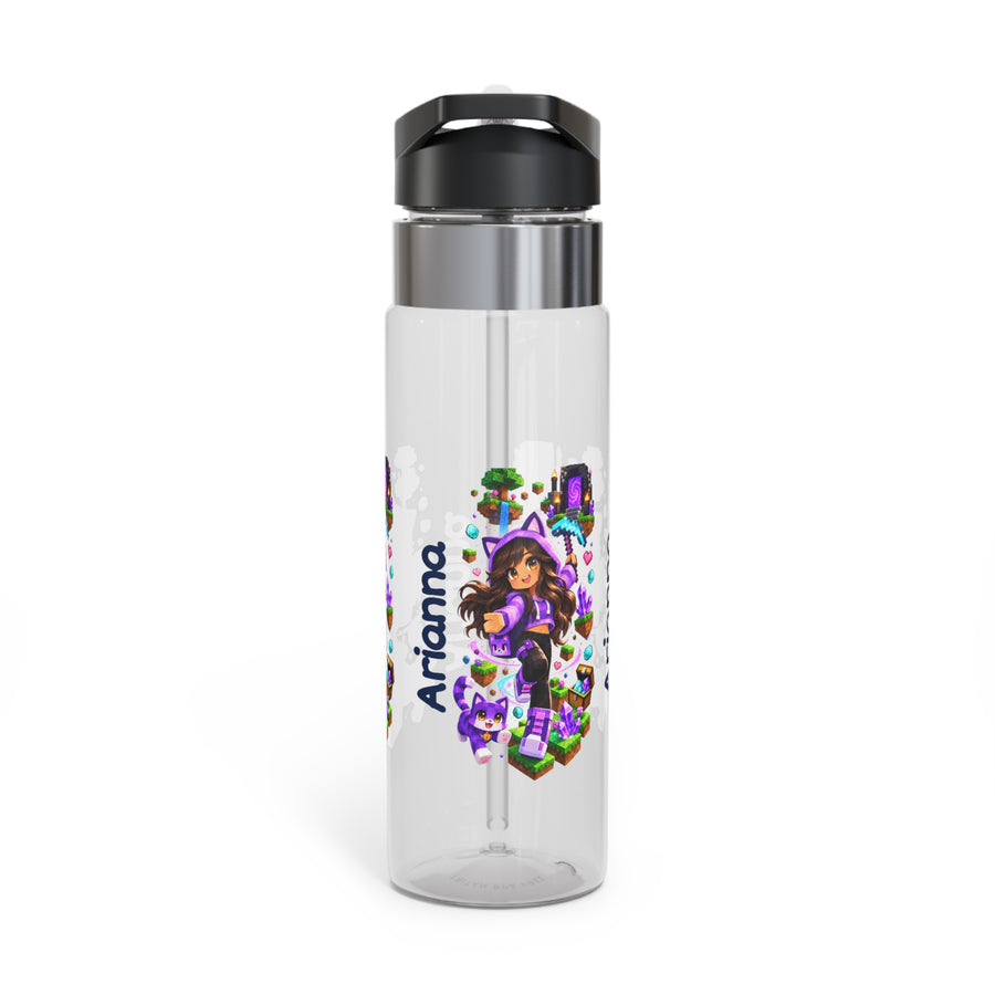 Clear plastic water bottle with a black flip lid and a straw, printed with a girl in a purple cat-ear hoodie in a blocky game world beside a purple pet, the name Arianna in black script.