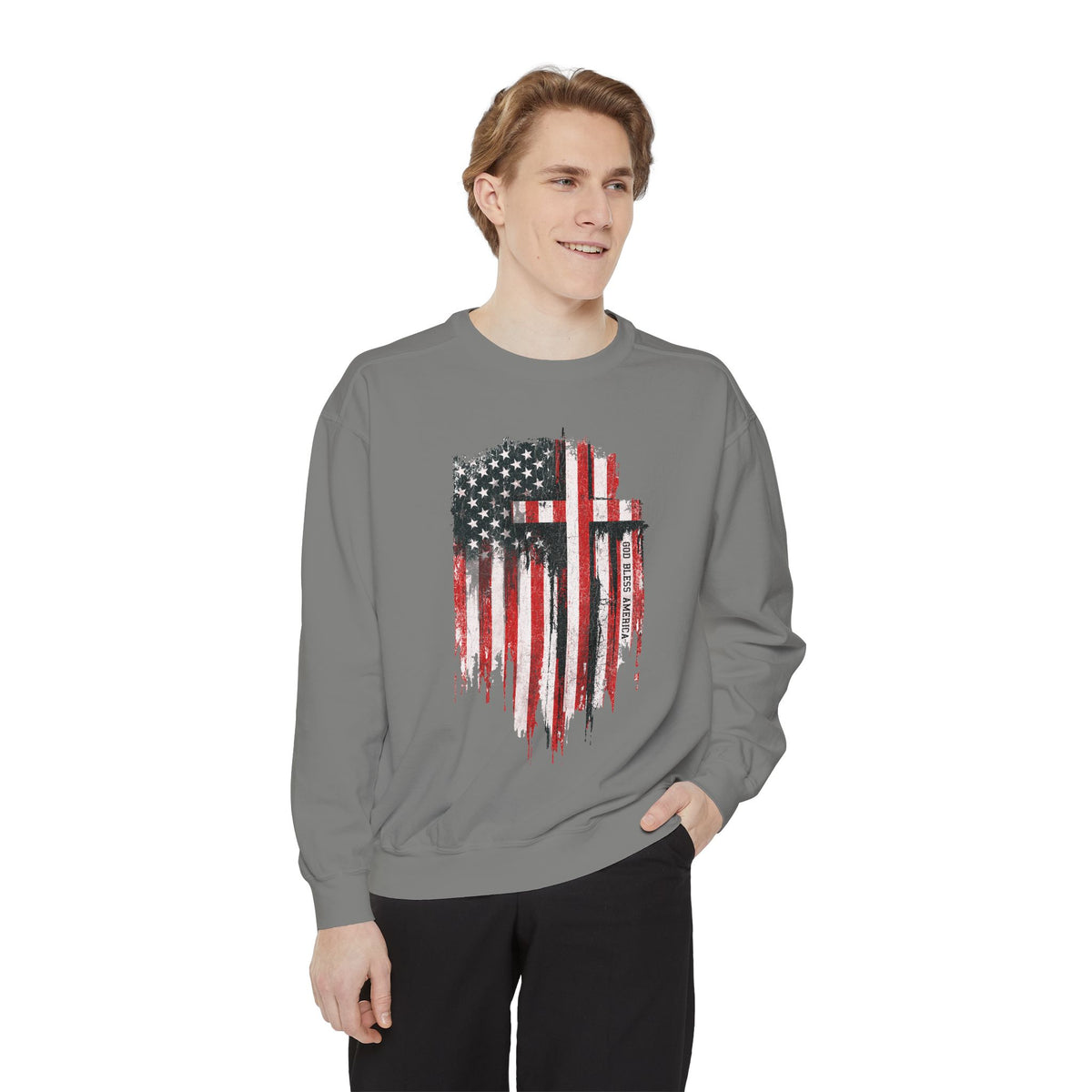 God Bless America Sweatshirt, Distressed American Flag and Cross Graphic, Patriotic Christian Gift for Church Events and Everyday Faith