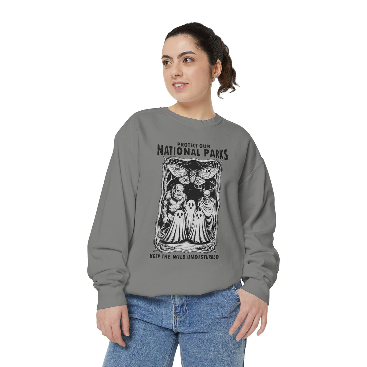 Protect Our National Parks Comfort Colors Sweatshirt, Gothic Nature Lover Crewneck, Cryptid Halloween Outdoor Adventure Gift