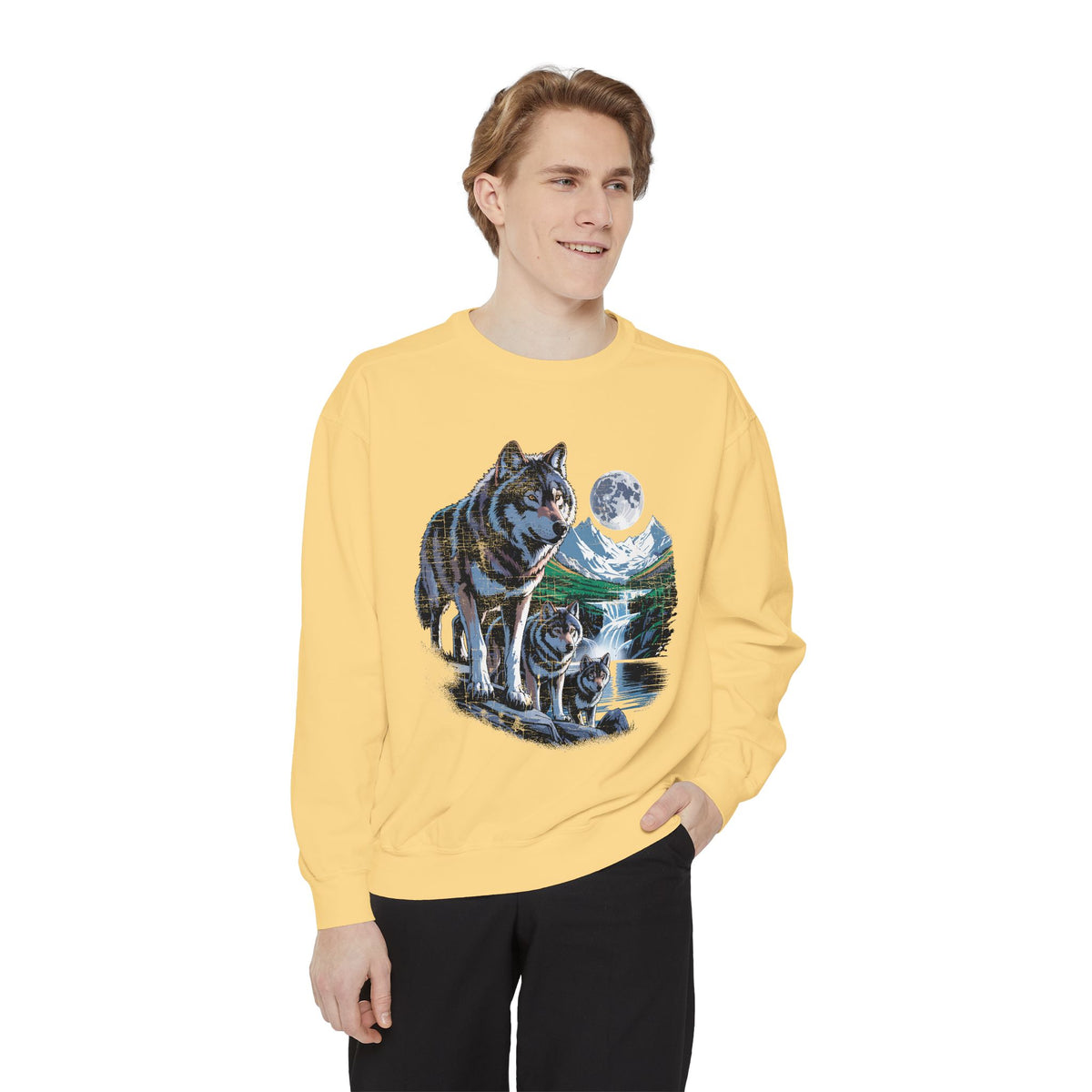 Wolf Pack Mountain Sweatshirt, Moonlit Wildlife Crewneck, Nature Lover Gift, Wilderness Forest Graphic Cozy Outdoor Pullover Unisex Top
