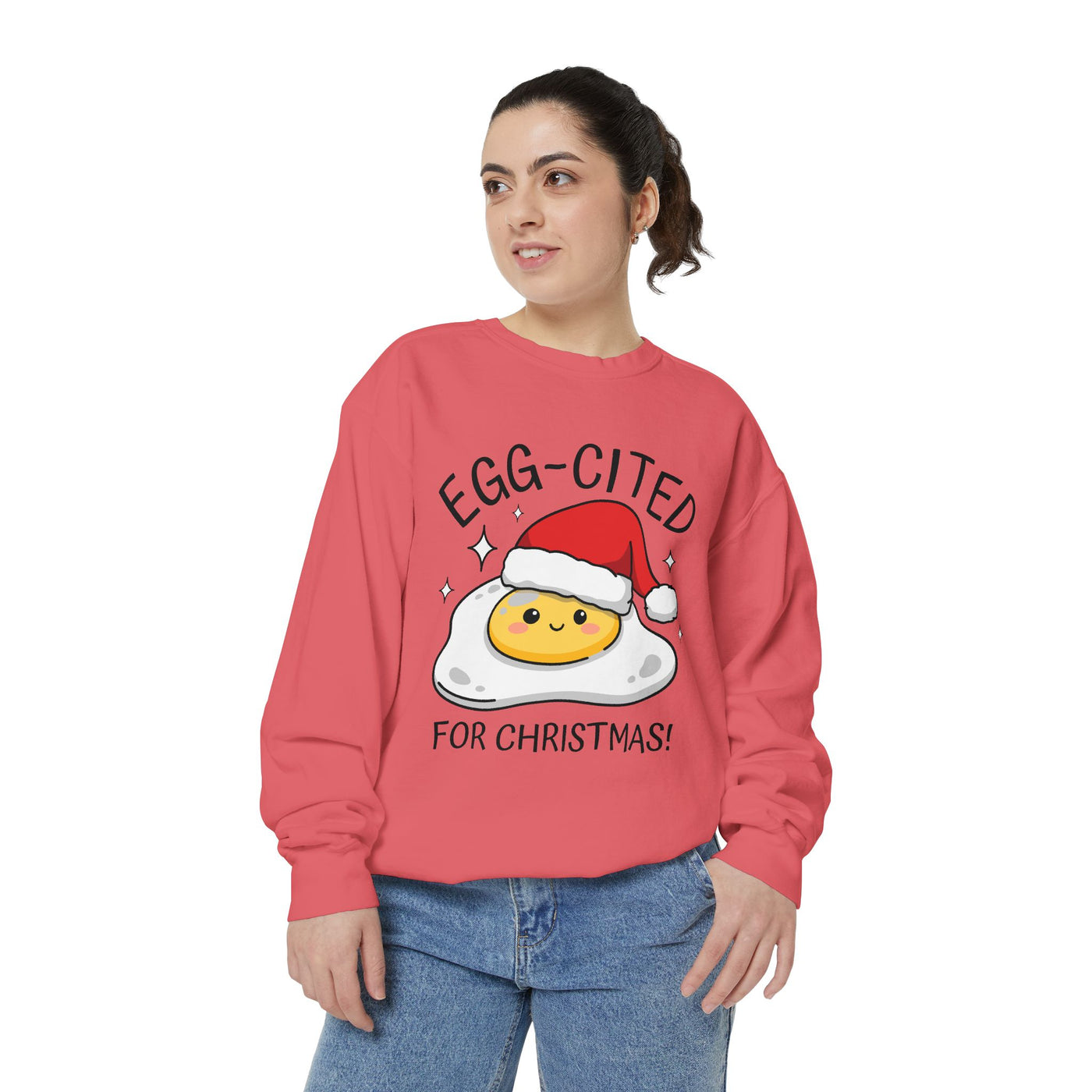 Egg-Cited for Christmas Sweatshirt, Funny Fried Egg Crewneck, Cute Food Pun Holiday Pullover, Christmas Breakfast Gift for Brunch Lover