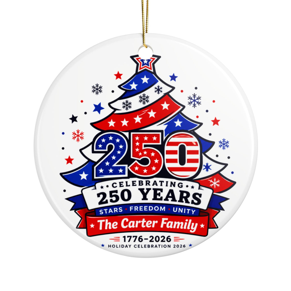Personalized Patriotic Christmas Ornament, Custom Family Name, USA 1776 to 2026 Anniversary Keepsake, Red White Blue Holiday Decor