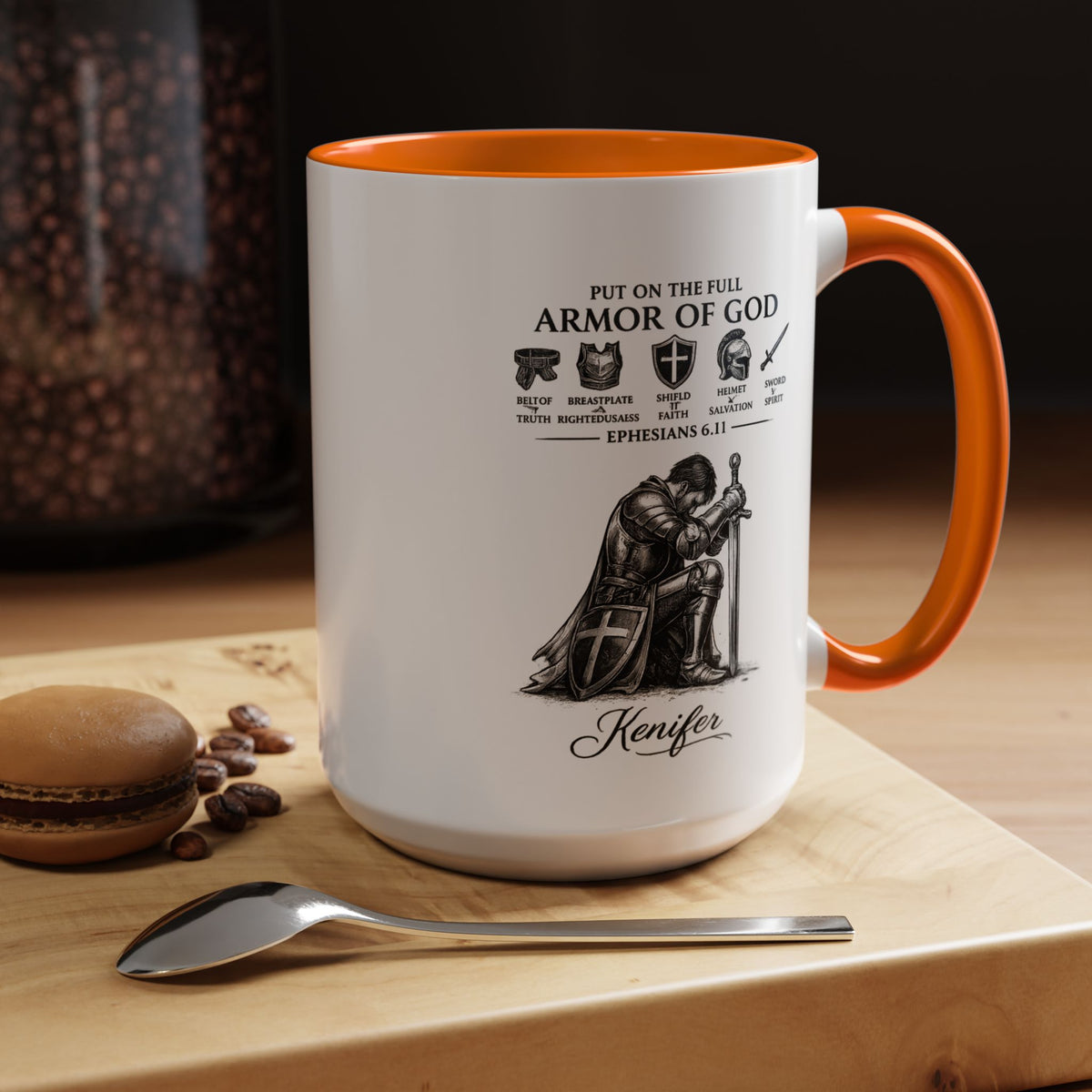 Full Armor of God Coffee Mug with Name, Personalized Christian Knight Gift for Men, Inspirational Scripture Ceramic Tea Cup, Religious Faith Present