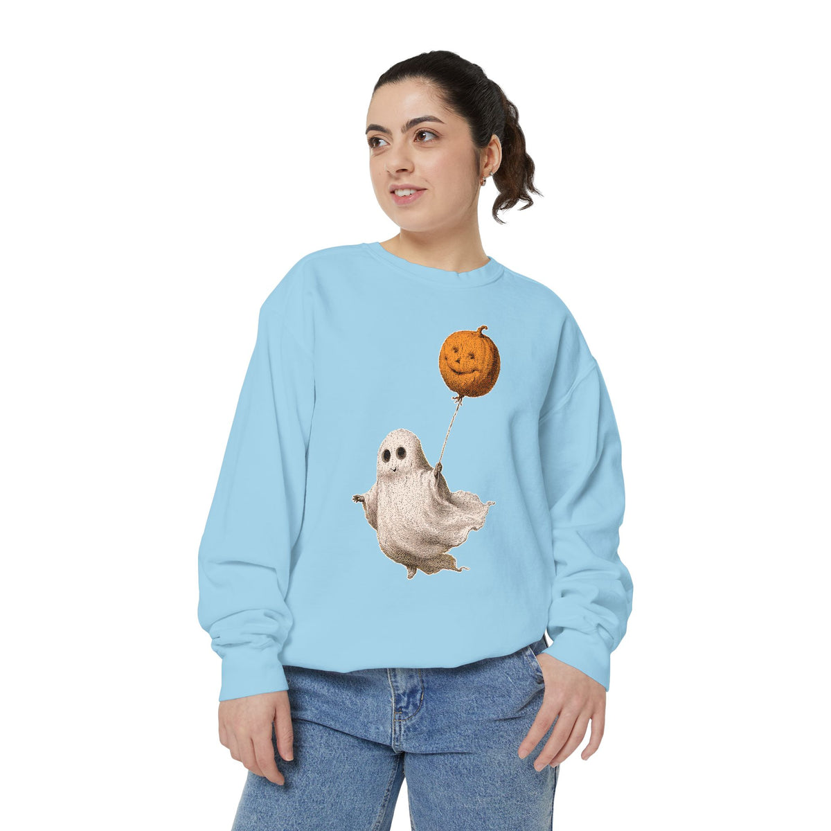 Cute Ghost Halloween Sweatshirt, Pumpkin Balloon Pullover, Vintage Spooky Season Gift for Women, Cozy October Fall Outfit for Ghost Loversv