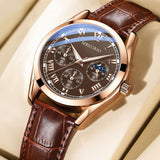 MREURIO rose gold chronograph watch with a brown dial, three subdials and a brown leather strap