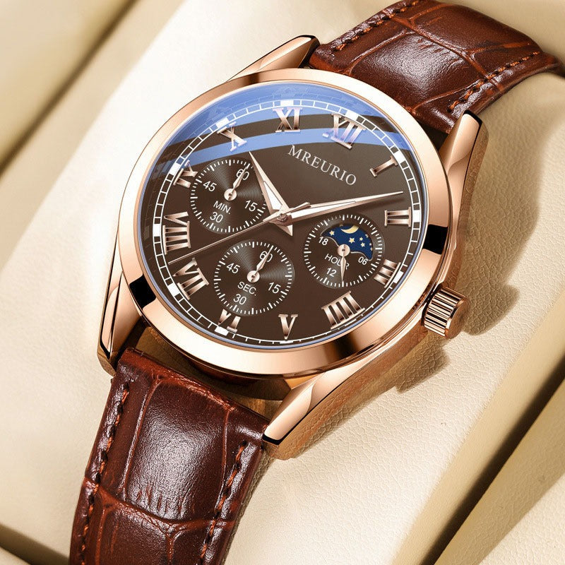 MREURIO rose gold chronograph watch with a brown dial, three subdials and a brown leather strap