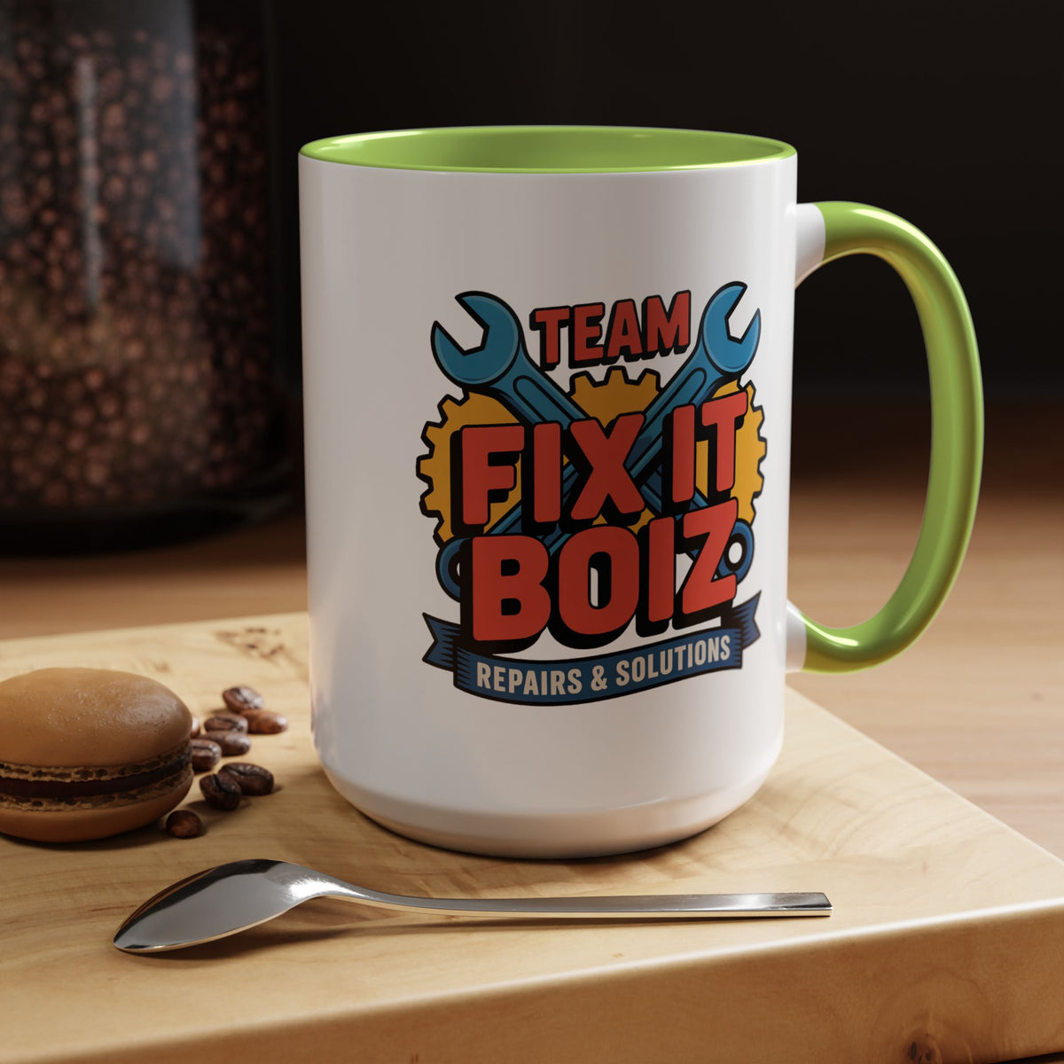 Mechanic Coffee Mug, Team Fix It Boiz Wrench and Gear Design, Handyman Gift for Dad or a Repair Crew Coworker, Workshop Coffee Break Cup