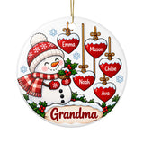 Personalized Grandma Christmas Ornament, Snowman with Grandkids Names on Red Hearts, Custom Family Keepsake Gift from Grandchildren for Nana