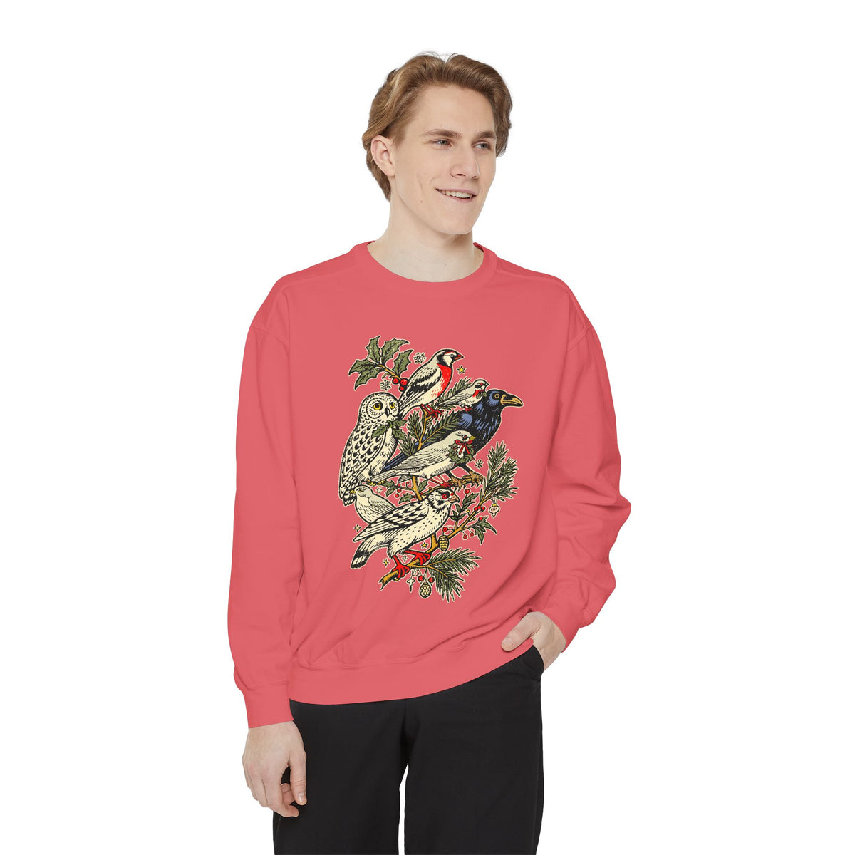 Winter Birds Graphic Sweatshirt, Vintage Woodland Pullover for Bird Lovers, Festive Nature Top, Cozy Christmas Gift for Birdwatchers