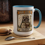 Our God Is Still Working Miracles Coffee Mug, Funny Raccoon Christian Gift for Friends, Cute Religious Parody Trash Panda Ceramic Tea Cup with Black Handle