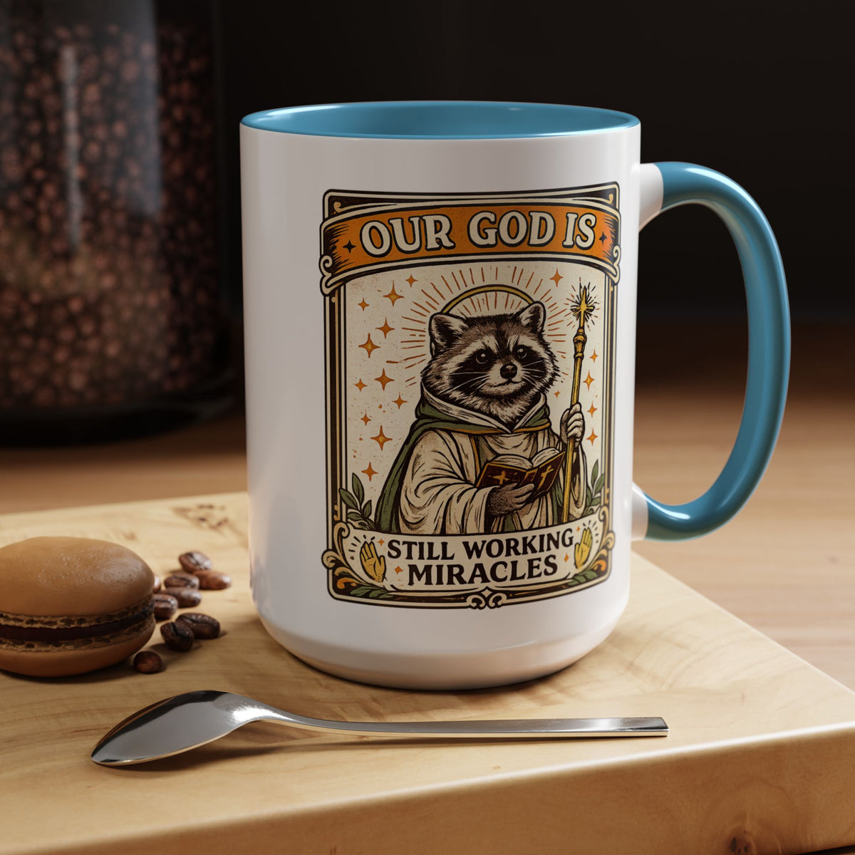 Our God Is Still Working Miracles Coffee Mug, Funny Raccoon Christian Gift for Friends, Cute Religious Parody Trash Panda Ceramic Tea Cup with Black Handle